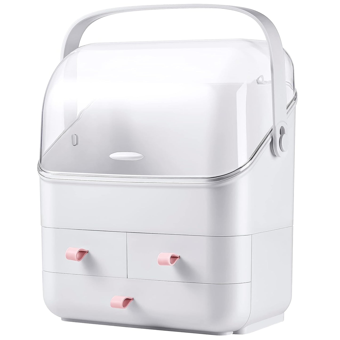 Cosmetic Storage Box - Makeup Organizer with Dust-Free Cover & Portable Handle | Large Display Case with Drawers for Dresser & Bathroom Countertop