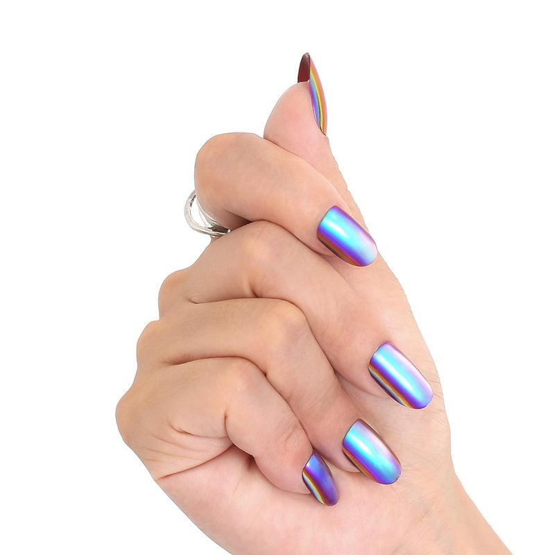 Short Almond Press On Nails - Bright Purple Electroplated Glossy Finish | 24 Nail Kit in 12 Sizes