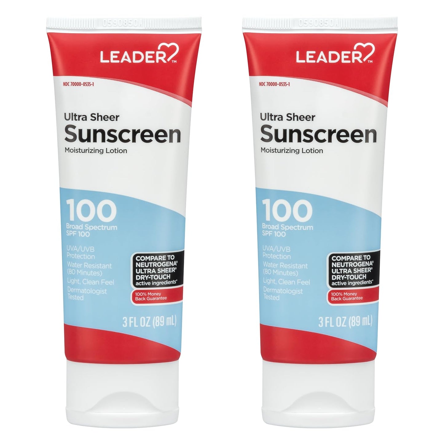 LEADER Travel Sunscreen SPF 100+, Ultra Sheer Dry-Touch Water Resistant and Non-Greasy Lotion with Broad Spectrum SPF 100+, 3 Fl Oz (2 Pack)