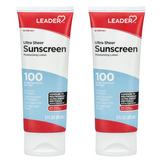 LEADER Travel Sunscreen SPF 100+, Ultra Sheer Dry-Touch Water Resistant and Non-Greasy Lotion with Broad Spectrum SPF 100+, 3 Fl Oz (2 Pack)