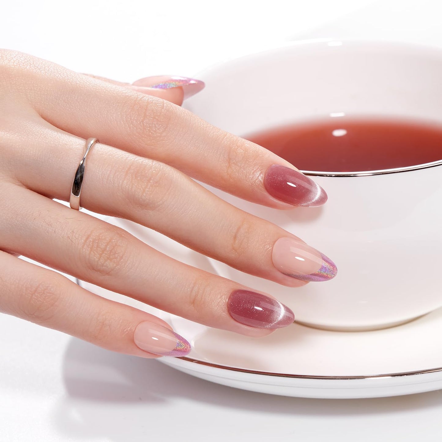 VSALON Short Almond Press on Nails Holographic French Rose Pink Cat Eye