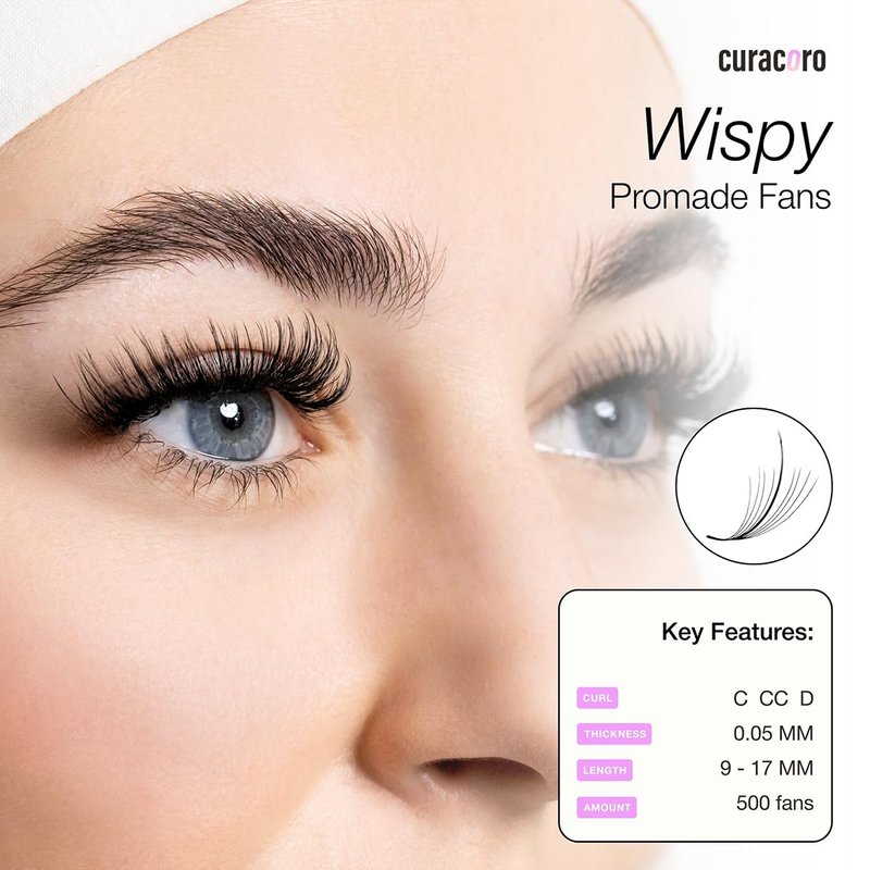 Curacoro Promade Wispy Lash Extensions - 9D 0.05 CC Curl, 11mm Length | Handmade Volume Eyelashes