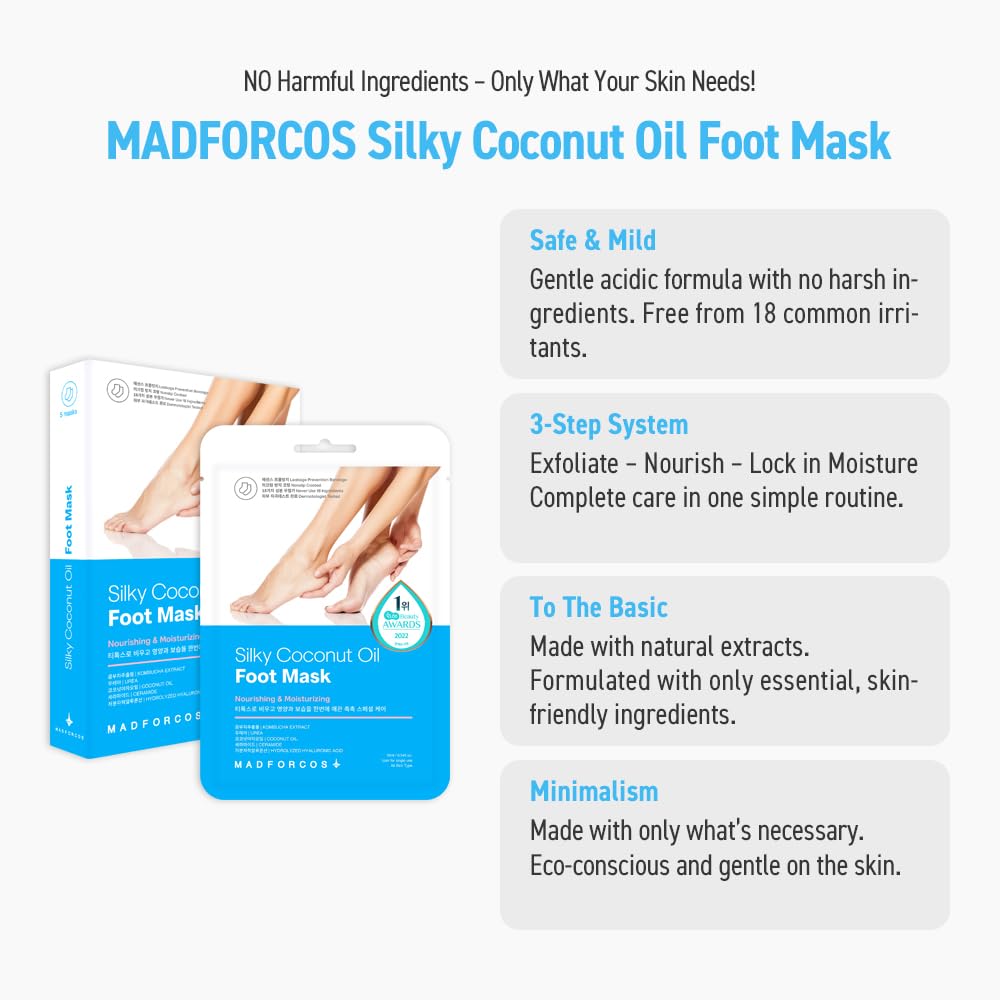 MADFORCOS Moisturizing Foot Mask Socks Silky Coconut Oil Booties for Dry, Cracked Feet & Heels | 5 Pairs