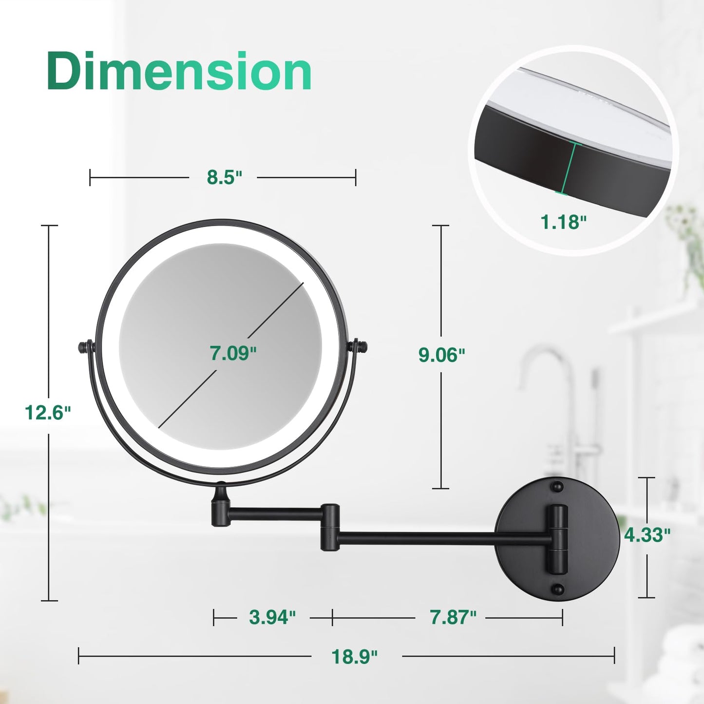 8.5'' Lighted Makeup Mirror with Magnification, Double Sided Dual Touch 1X/10X Magnifying Mirror with Lights 360°Swivel Bathroom Mirror with Extendable Arm