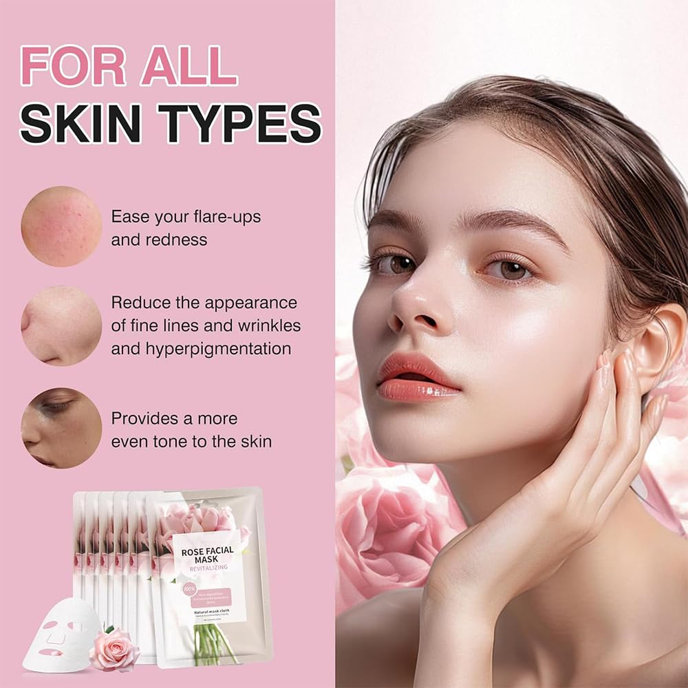 Hydrating Rose Facial Masks for Women - Moisturizing Sheet Masks for All Skin Types | 15-Pack