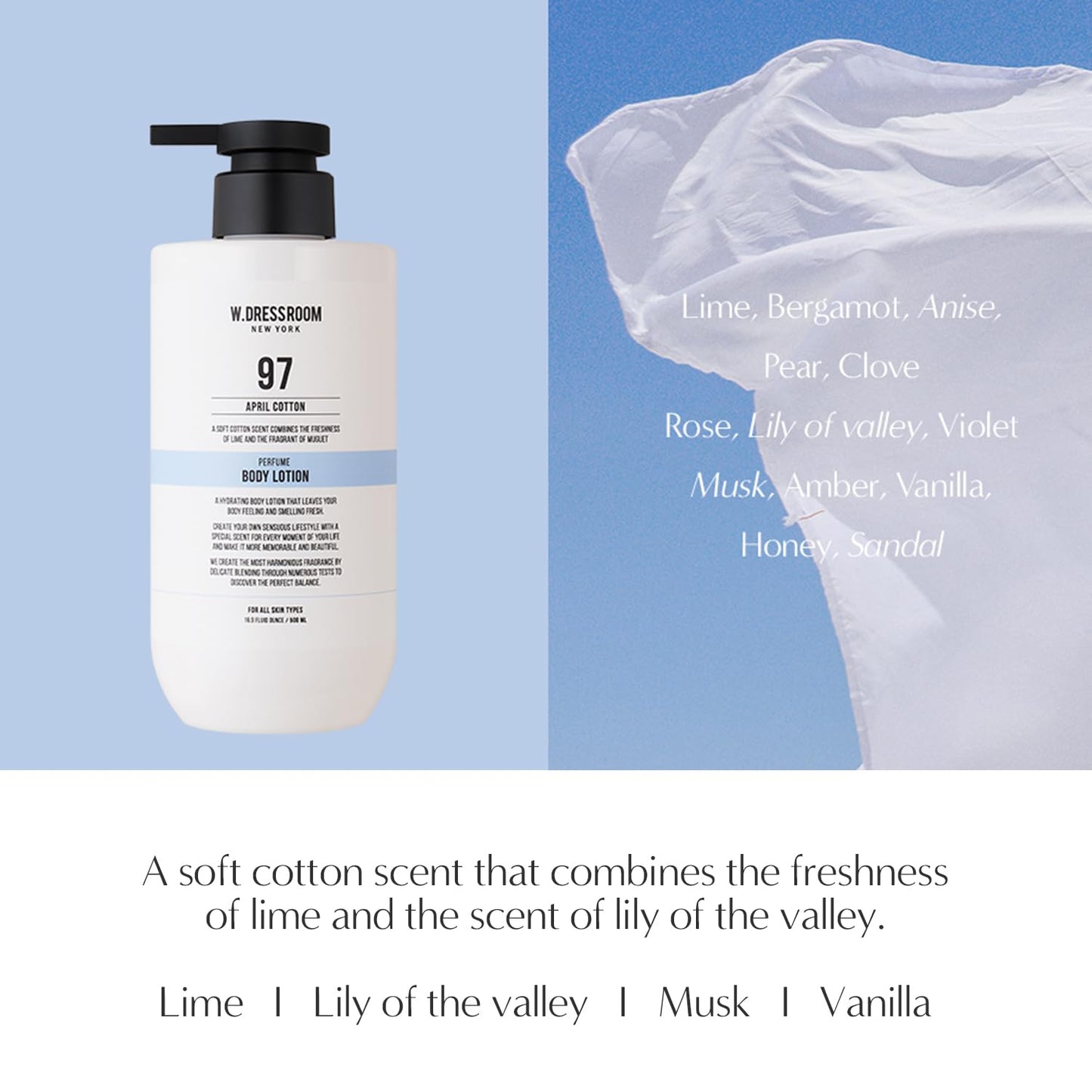 W.Dressroom No.97 April Cotton Perfume Body Lotion (16.9 fl oz, 500 ml)