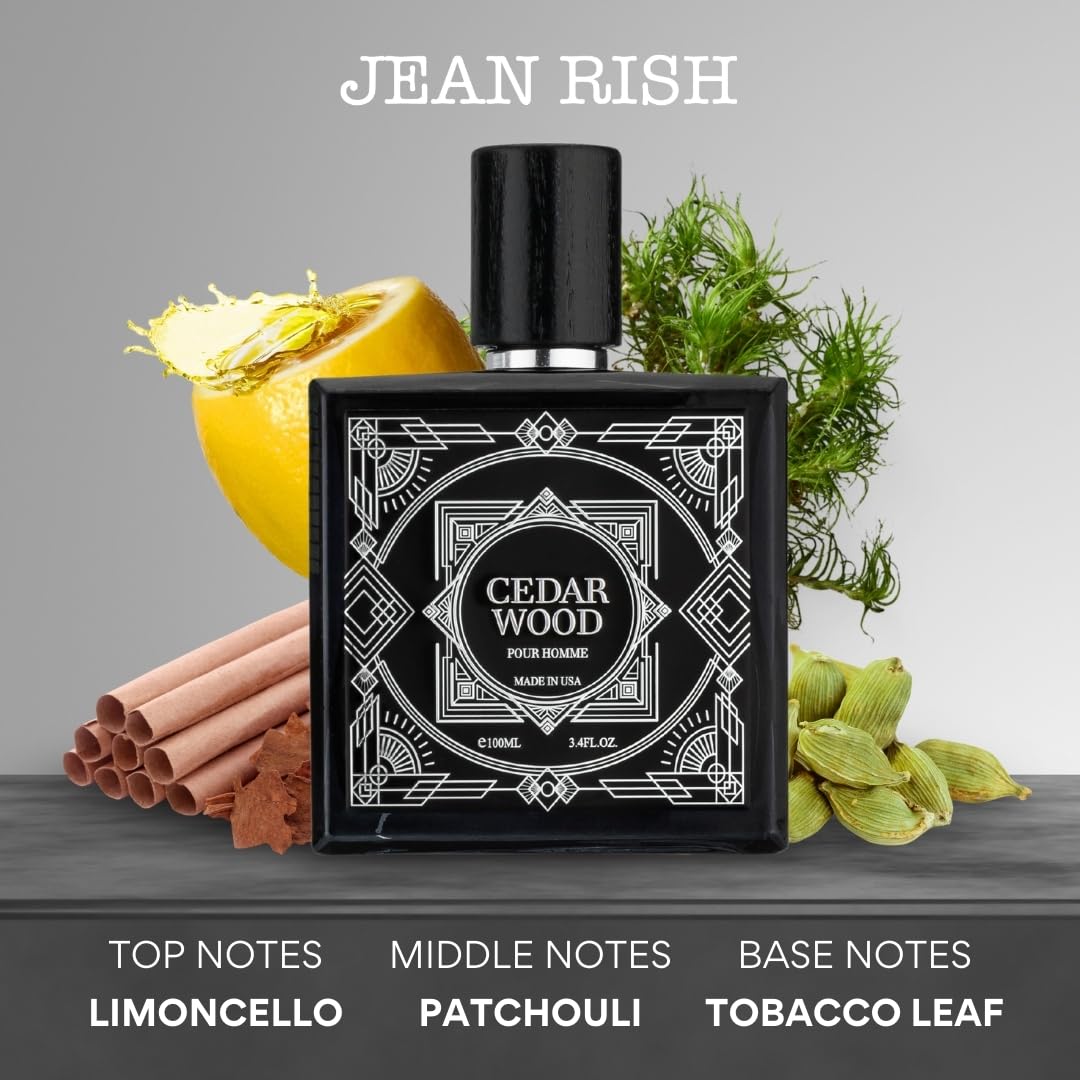 Jean Rish Cedar Wood Perfume for Men Eau De Toilette, Long-Lasting Luxury Fragrance, Made In USA - Patchouli, Cedar, Musk Scent - 100ml / 3.4 oz