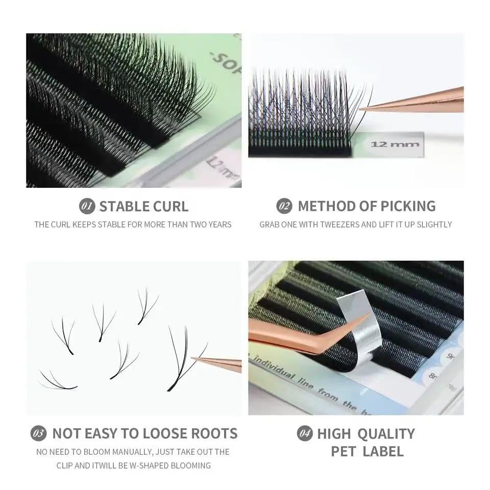 3D W Shape Premade Fan Eyelash Extensions - Volume 3 Tips | Faux Mink Matte Black, 0.07 C, 8-12mm Mix