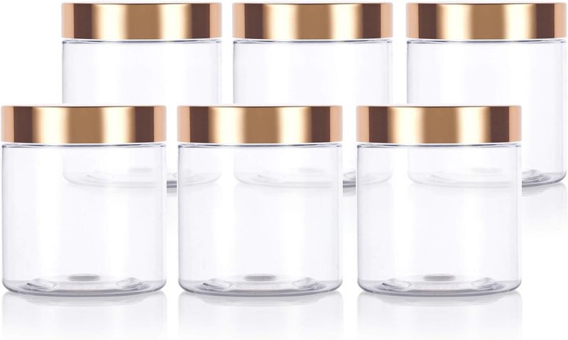 Clear PET Plastic Jars - 8 oz Refillable Storage with Luxury Gold Metal Lid | 6 Pack