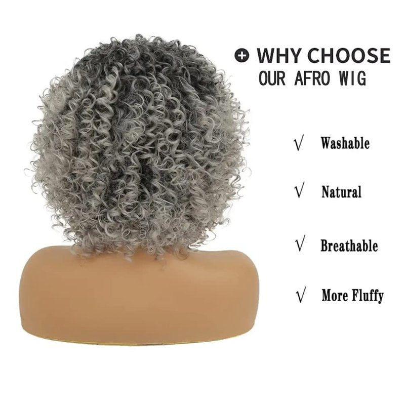 Kaneles Short Grey Kinky Afro Wig for Black Women Synthetic Mixed Gray Wigs with Bangs Hair Shoulder Length Kinky Afro Curly Wig for Daily