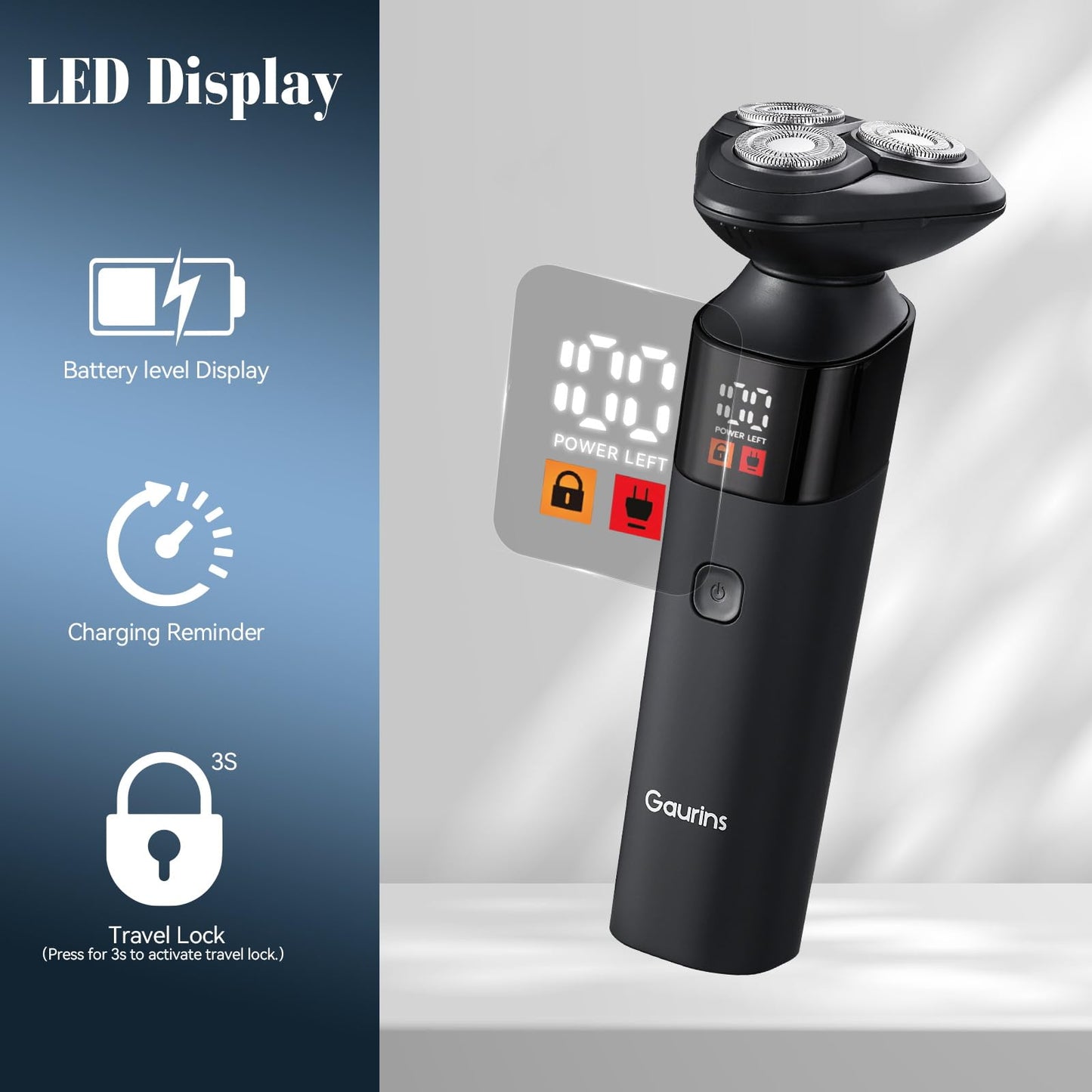 Electric Razor for Men,3 in 1 Men's Rotary Shavers with Charging Stand, IPX7 Waterproof Hygiene Trimmer for Beard/Nose/Sideburns, USB-C Fast Charging, LED Display Travel Lock,Matte Black