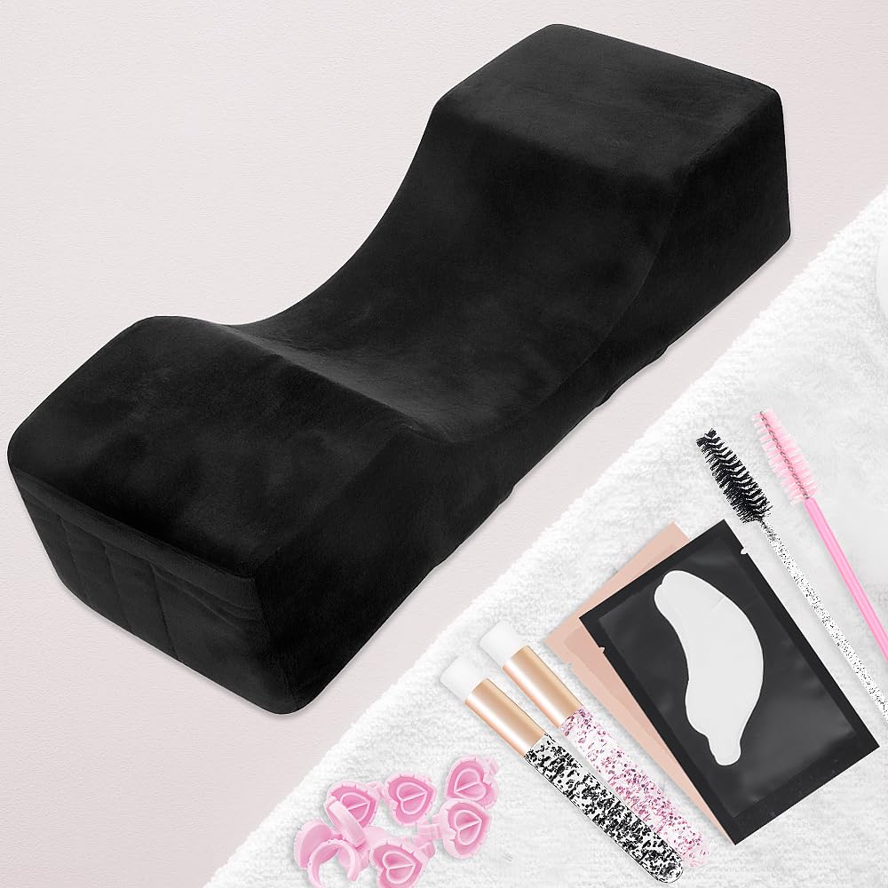 Beauty Salon Eyelash Extension Velvet Lash Pillow Beauty Salon Memory Foam Neck Pillow for Lash Extension Grafting Make Up Side Pockets for Tools(Black,2Pack)