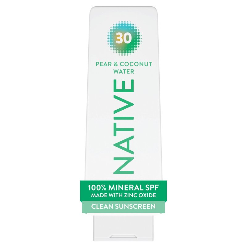 Native Mineral Sunscreen Lotion SPF 30, Pear & Coconut Water Scent, with 100% Mineral Zinc Oxide for Face & Body, Hawaii Compliant, Vegan, No White Cast - 7 oz