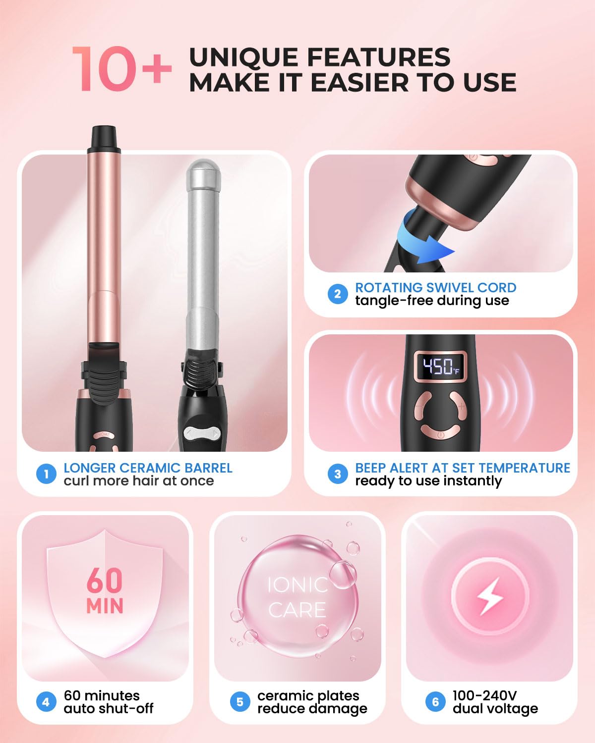 Rotating Curling Iron 1 Inch, Ceramic Automatic Curling Wand for Beach Waves, Self Curling Wand LCD Display up to 450℉ with Long Barrel, Glove Included