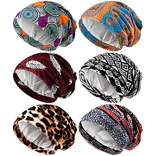 Sintege 6 Pcs Satin Lined Bonnet Sleep Chemo Hat Stretch Cancer Cap for Women Men Cancer Patient African Silk Soft Beanie(Elegant Patterns)