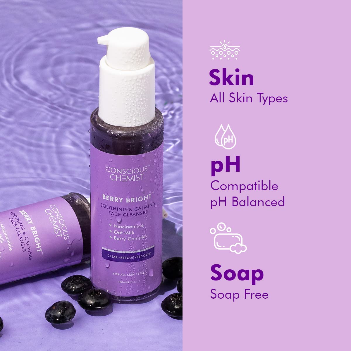 Conscious Chemist® Niacinamide Face Wash | 100ml | Pore Refining Brightening Cleanser for Women & Men with BlueBerry & AcaiBerry Extracts, Bright Clear Skin, Cruelty Free, All Skin Type - Berry Bright