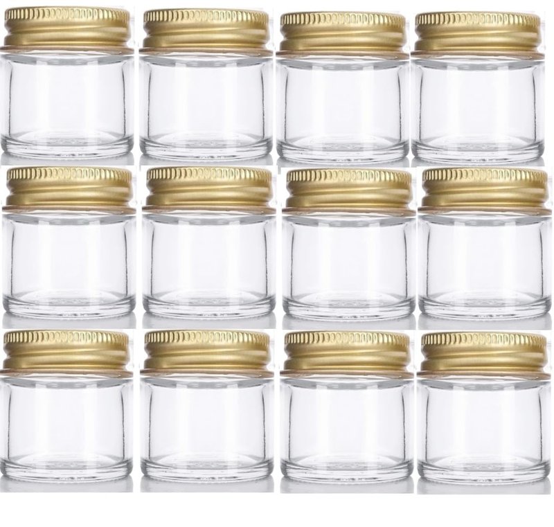 1 oz / 30 ml Clear Thick Glass Jar with Gold Metal Airtight Lid (12 Pack)