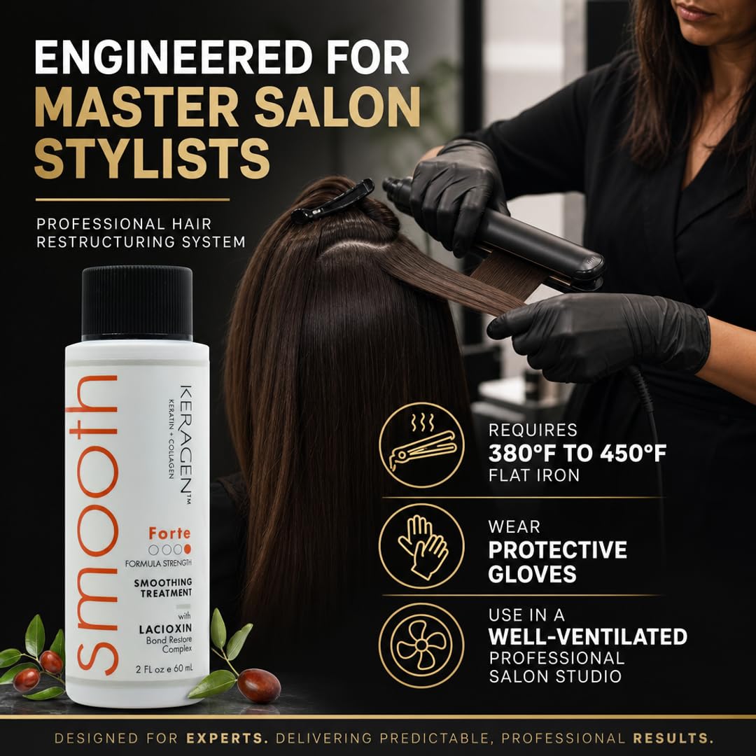KERAGEN Forte Keratin Smoothing Treatment – Professional Hair Restructuring System for Coarse & Resistant Hair | Formaldehyde Formula, Dimethicone Crosspolymer Seal | Lasts 20+ Washes | 2 oz