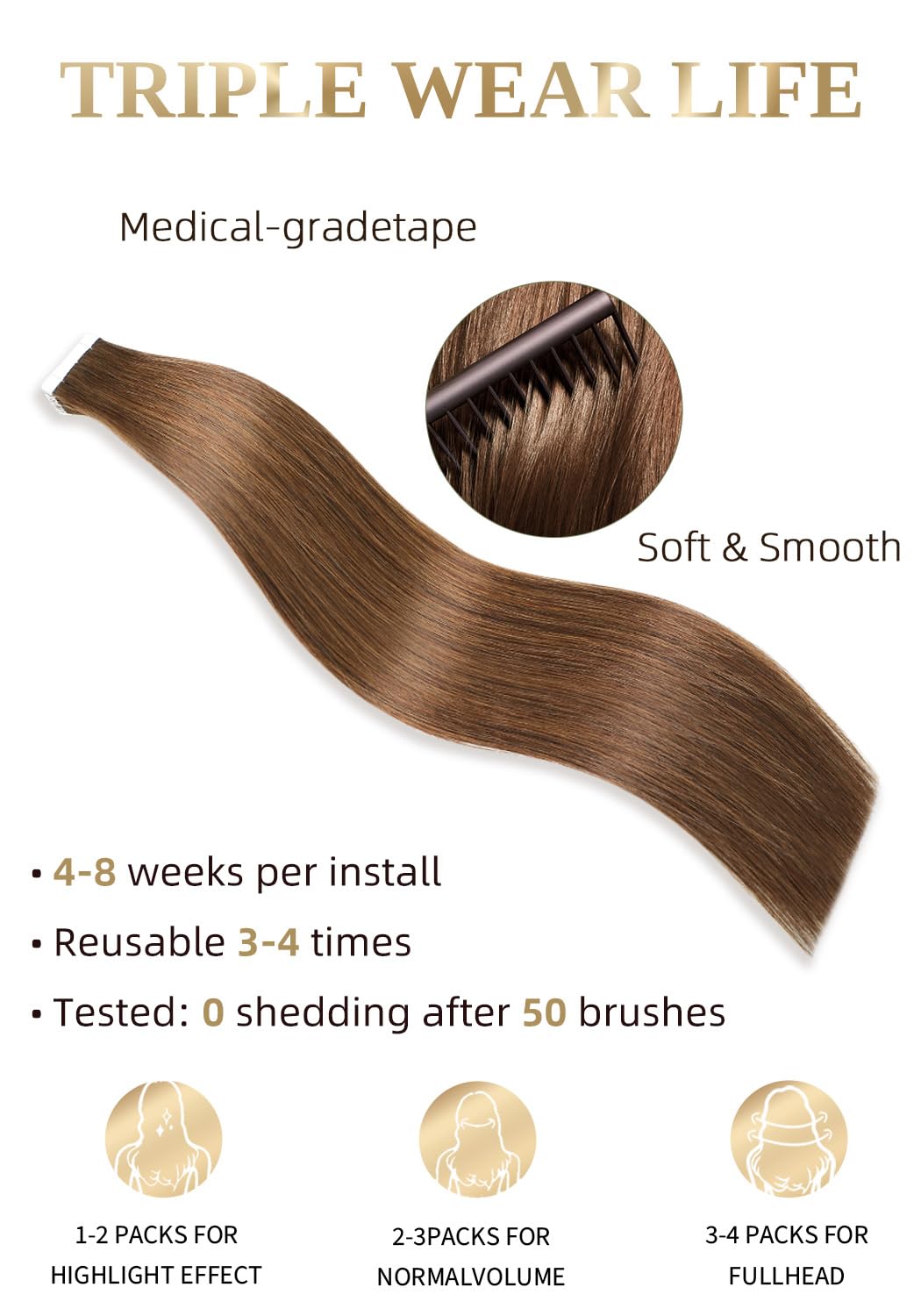 Real Human Hair Tape-In Extensions - 14 Inch, 20 Pcs, Seamless, #4 Medium Brown | Invisible & Straight