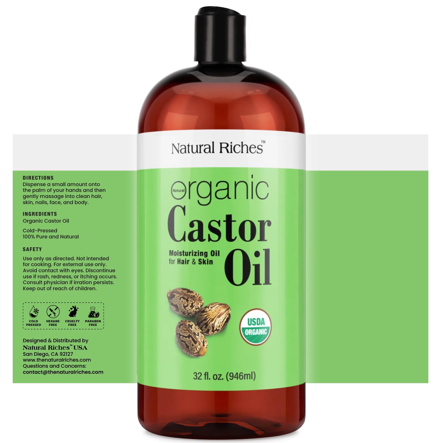 Natural Riches Organic Castor Oil - Cold Pressed, USDA Certified for Dry Skin, Hair Loss, Dandruff, Hair Growth, and Thicker Eyelashes & Eyebrows - 32 fl. oz.