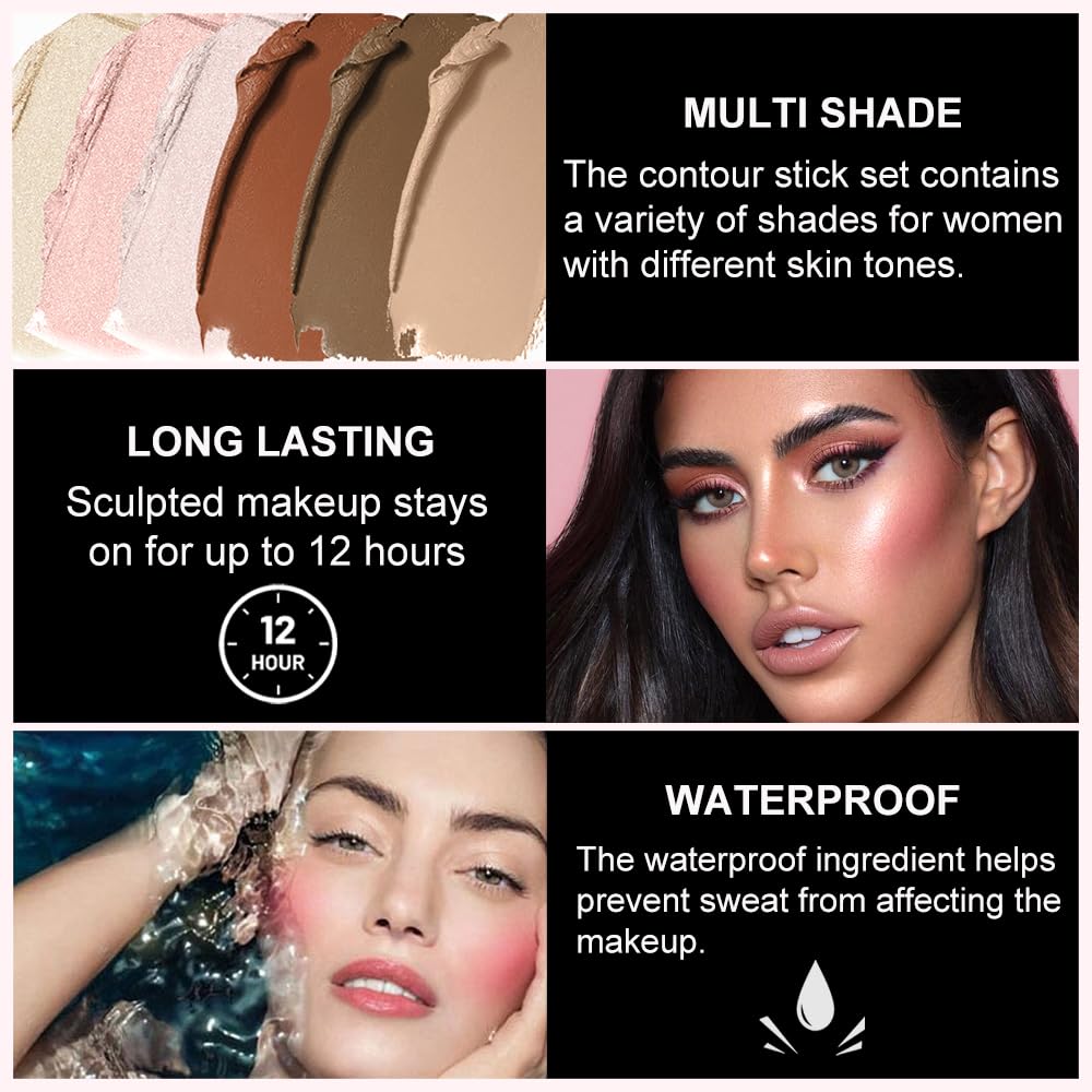 2Pcs Contour Stick with Brush Set, Highlighter and Bronzer Face Stick for Face Shaping, Long Lasting Waterproof Silky Cream Contouring Stick for Sculpt the Face, Non-Greasy Formula (8#、#14, Brush)