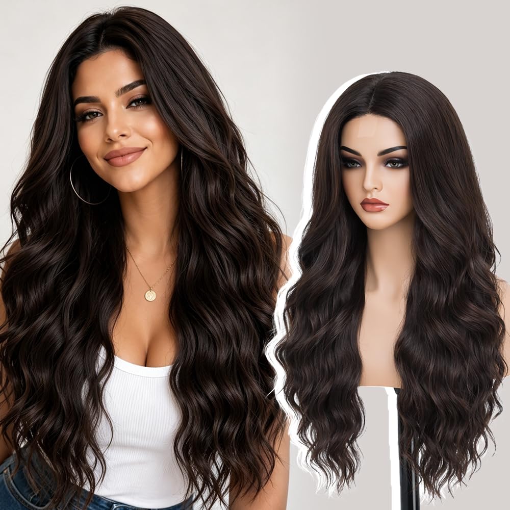 Long Brown Wig for Women Natural Looking Wavy Curly Synthetic Hair Wig Tangle Free Heat Resistant Comfortable for Daily Wear