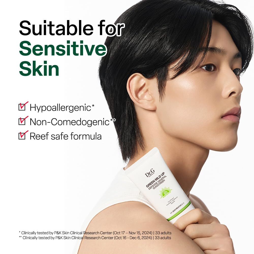 Dr. G Green Mild Up Defense Mineral Sunscreen - SPF 50 Broad Spectrum Korean Sunscreen - Lightweight & Reef-Safe Mineral Formula - For Sensitive Skin - Non-Greasy - With Centella Asiatica - 1.69 fl oz