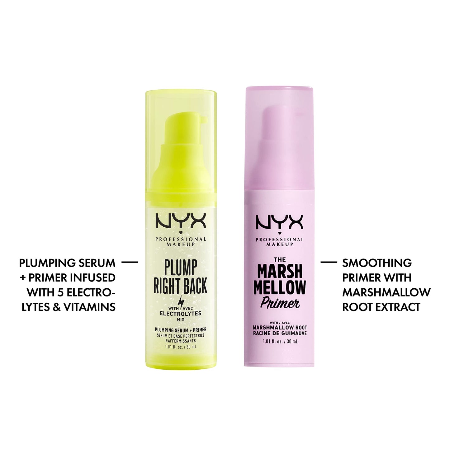 NYX PROFESSIONAL MAKEUP Plump Right Back Plumping Serum & Primer + Marshmellow Smoothing Primer (2-Pack Bundle)