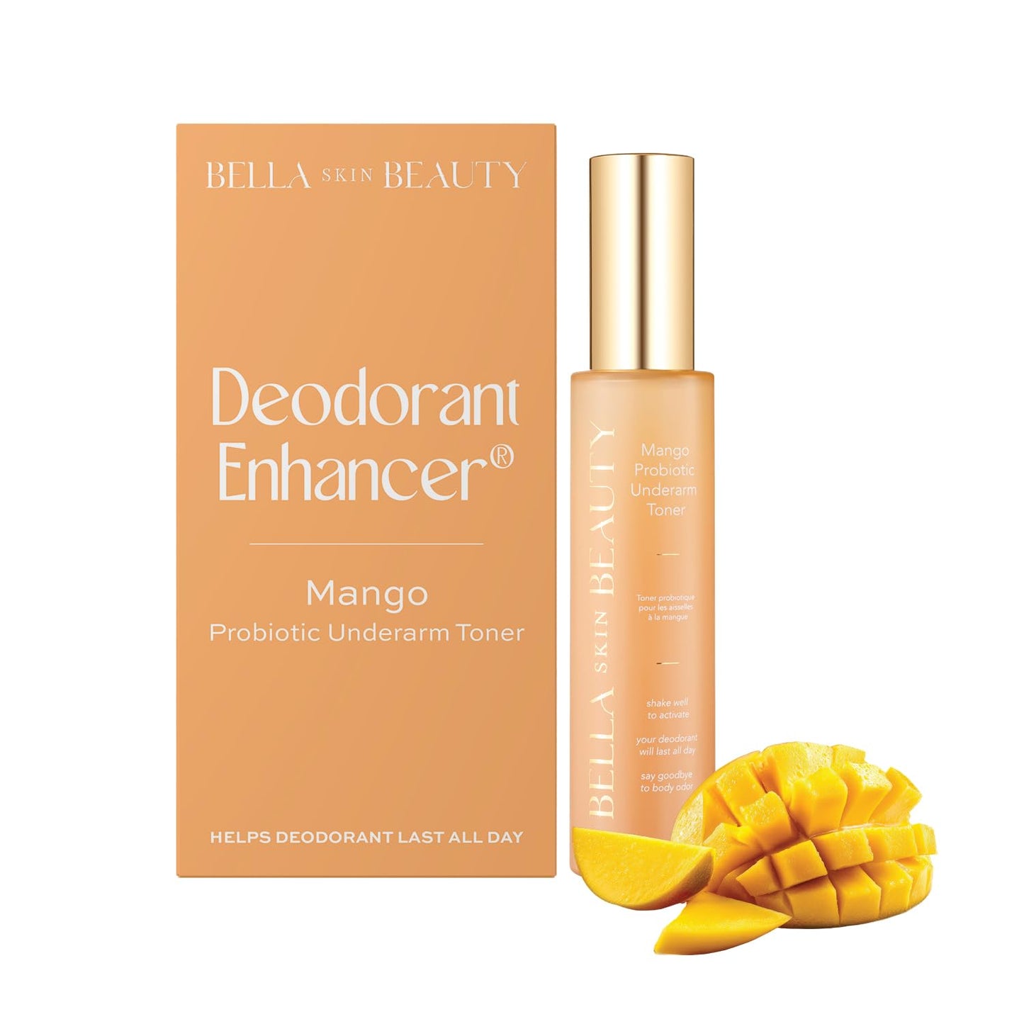 Bella Skin Beauty Deodorant Enhancer® Probiotic Underarm Toner - Mango - Patented Pre-Deodorant Spray That Helps Deodorants Last Longer and Helps Sweat Stay Odorless - Underarm Spray, Wipe, Apply