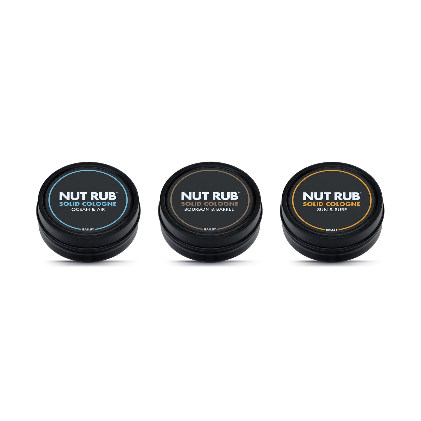 Ballsy Body & Groin Rub Trio, Cologne for Everywhere, with Beeswax, Coconut and Sunflower Seed Oil (3 Pack, 0.85 Oz) - Ocean & Air, Bourbon & Barrel, Sun & Surf