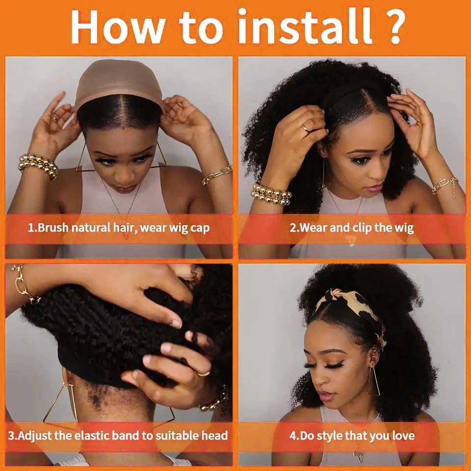 Headband Wig - Human Hair Kinky Curly 12 Inch | Glueless Brazilian Wig for Black Women, 150% Density, Natural Color