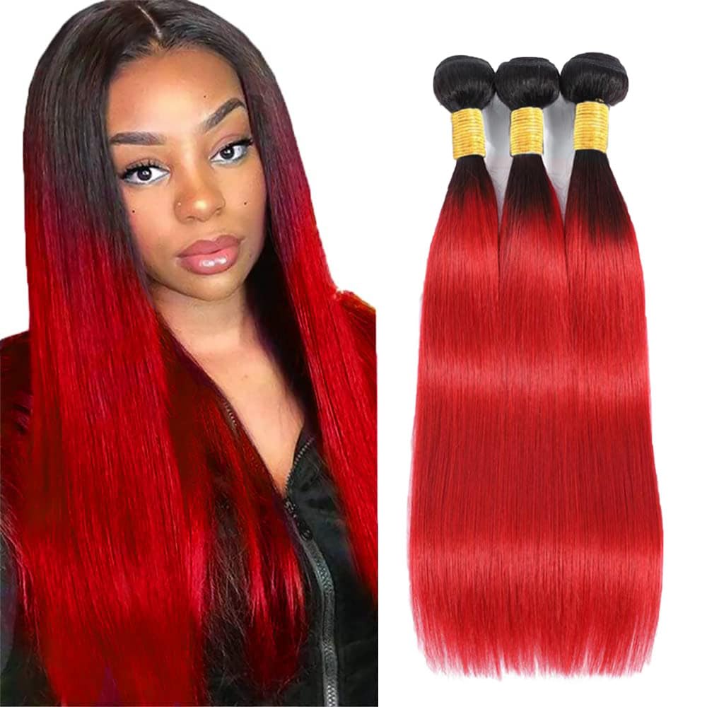 Ombre Red Human Hair Bundles 12 14 16 Inch Straight #1B Red Bundle Human Hair Extension 11A Brazilian Virgin Quick Weave Hair for Black Women