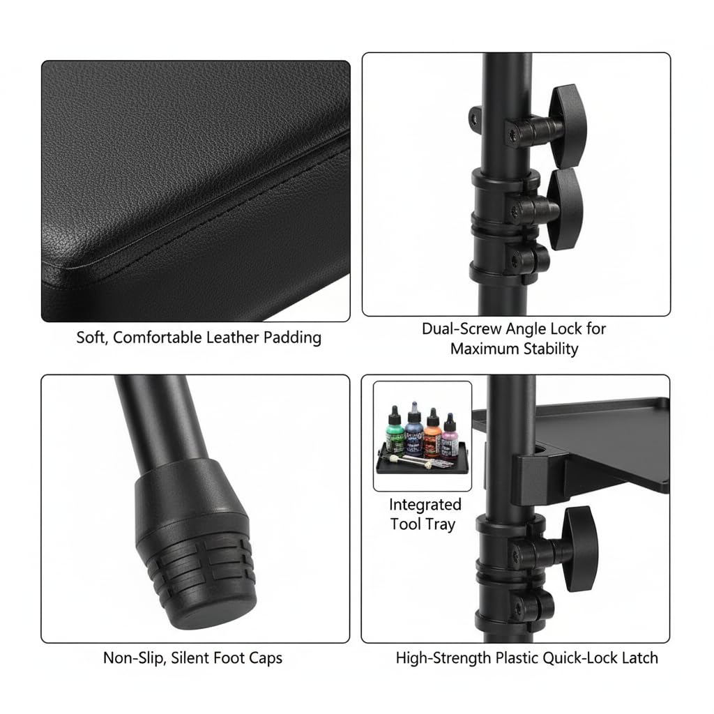 NATUMER Tattoo Armrest Stand with Tray & Tripod Base — Tattoo Arm Leg Rest Stand Adjustable Height & Angle, Portable Leather Support for Tattoo Artists, Studios & Mobile Work