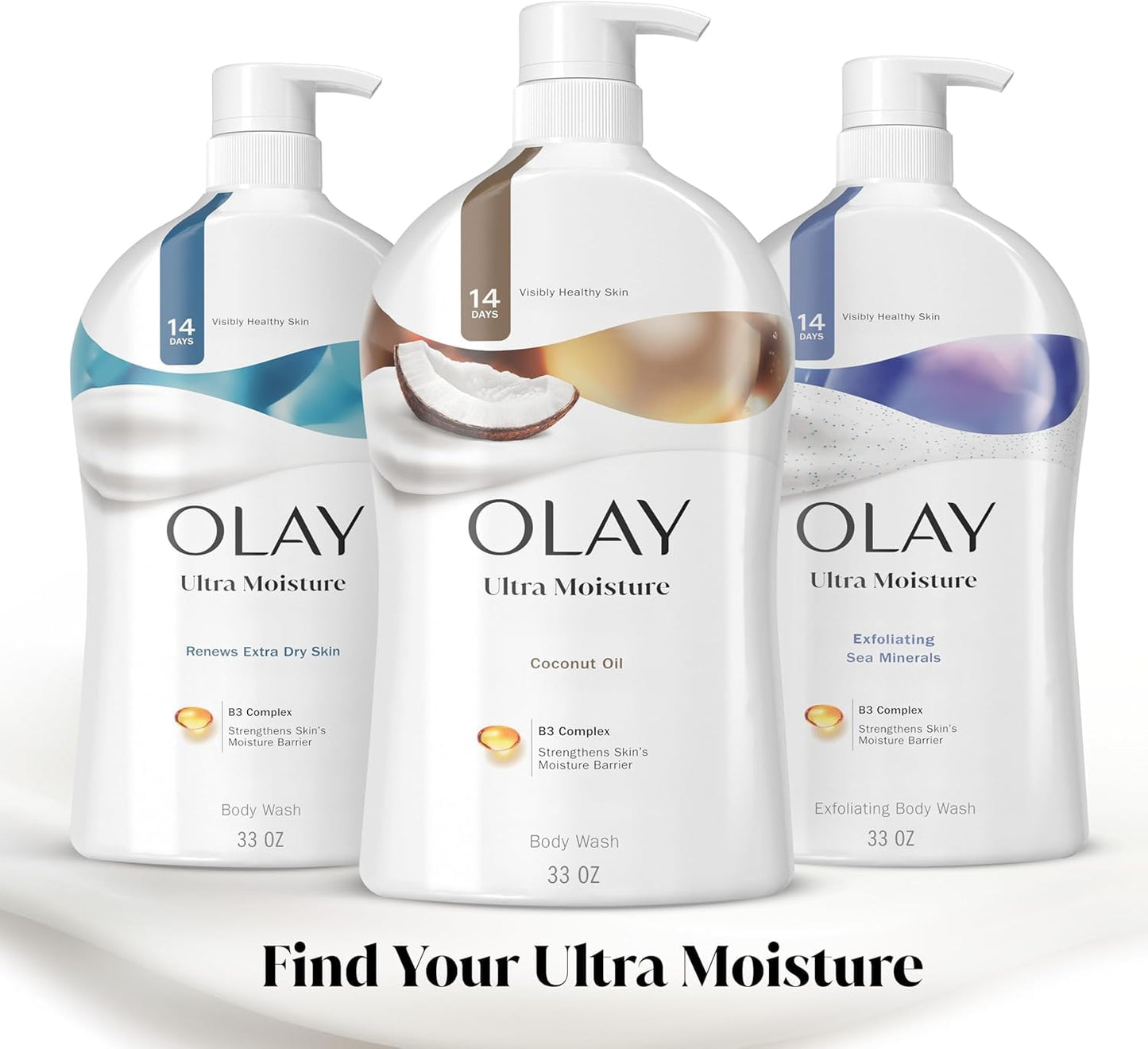 Olay Body Wash for Women, Ultra Moisture, 24hr Moisturizing, Hydrating & Refreshing, B3 Vitamin Complex, Free of Parabens & Phthalates, For All Skin Types, Coconut Oil Scent, 33 fl oz (Pack of 4)
