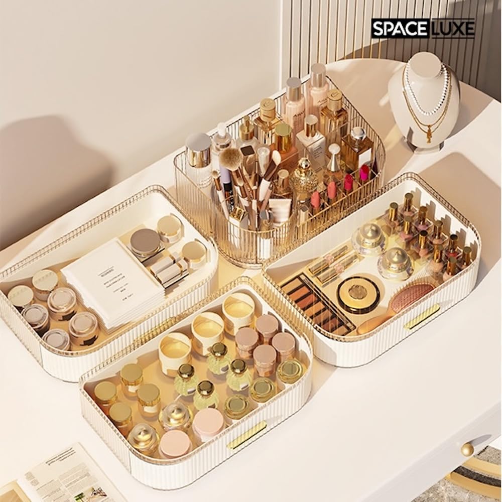 SpaceLuxe Makeup Organizer with Drawers, 360° Rotating Brush Holder