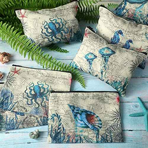 Sanwuta 12 Pcs Sea Tropical Cosmetic Bags Retro Animal Seahorse Travel Bags Beach Makeup Bags Zipper Small Pouch Vintage Turtle Whale Seashell Bag Under The Sea Purse Toiletry for Women Party Gift