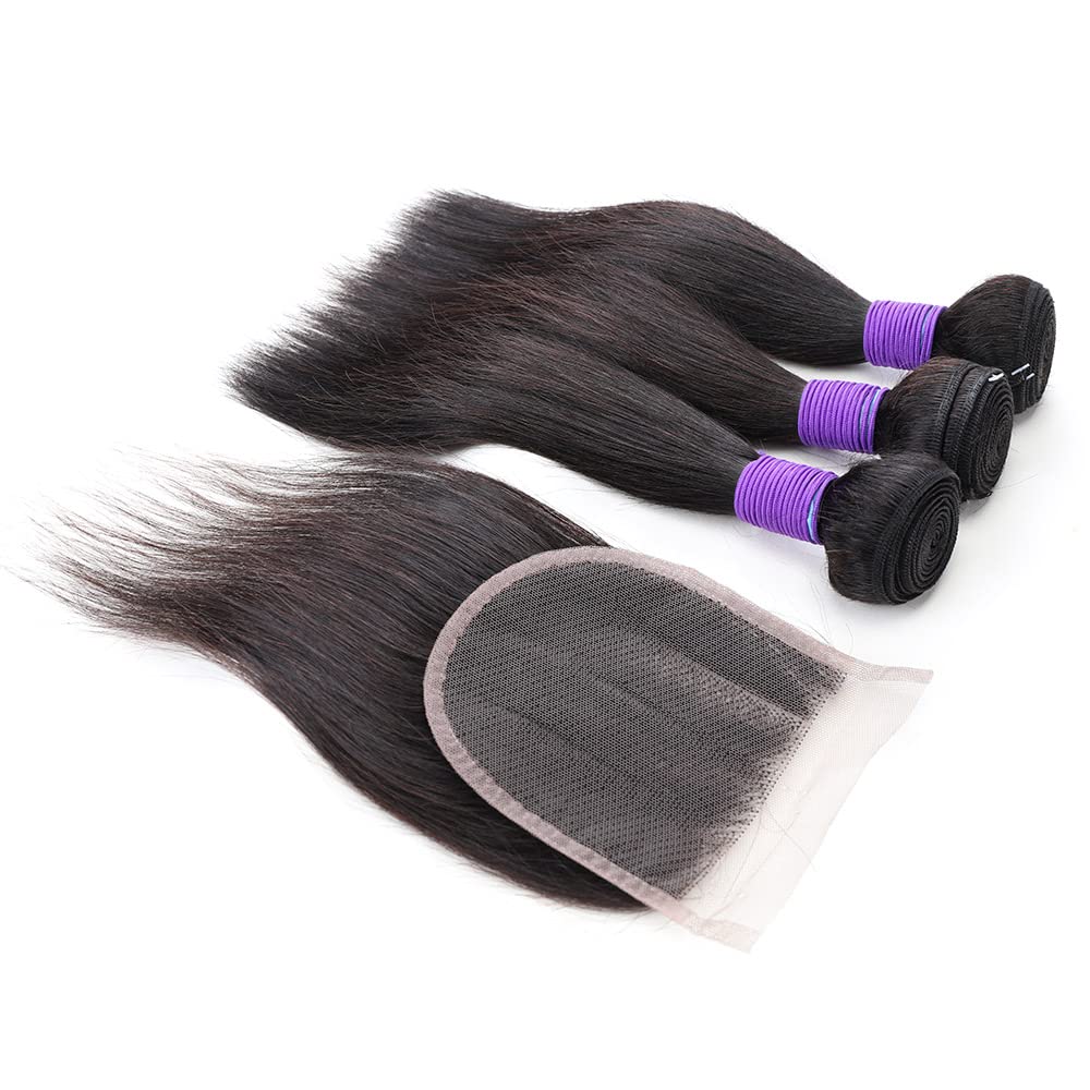 3 Bundles Human Hair with Closure Straight 100% Unprocessed Virgin Brazilian Hair Weave with 4x4 Lace Closure Free Part Double Weft 10A Hair Extensions Natural Black Color (8" 8" 8" + 8" Closure)