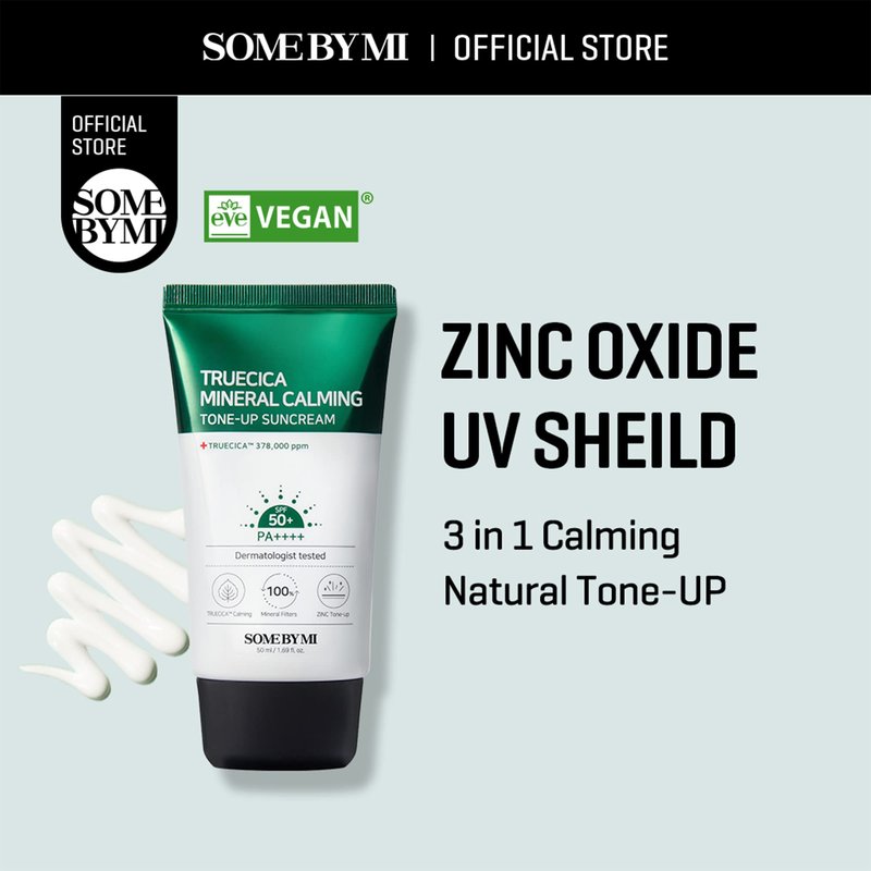 SOME BY MI Truecica Mineral Calming Tone-Up Suncream / SPF50+, PA++++ / 1.69Oz, 50ml / Brightening and Calming Effect/Mild Sun and UV Protection Sunscreen for Sensitive Skin
