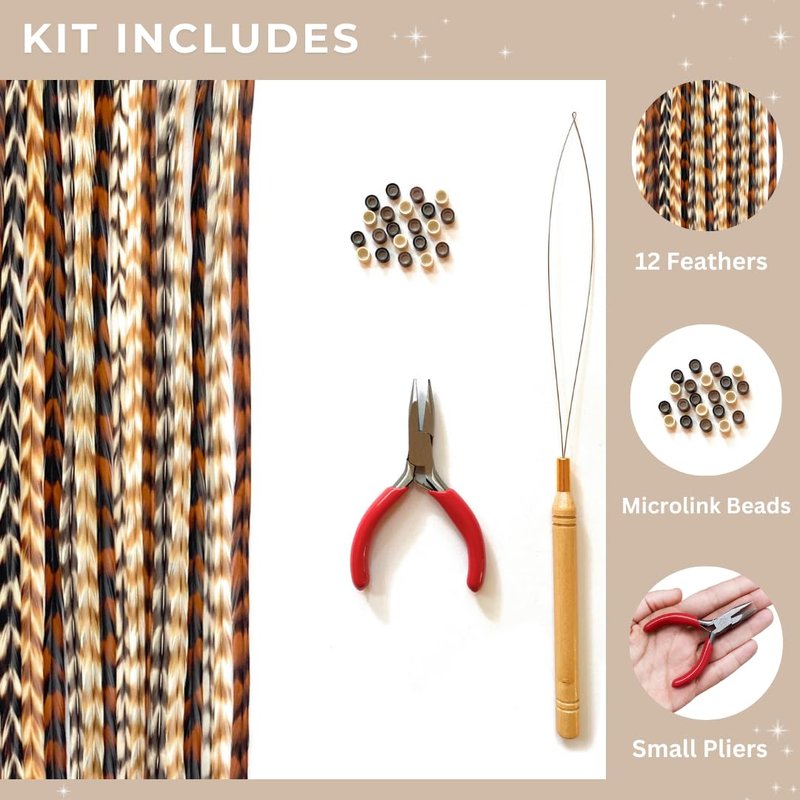 Natural Hair Feathers Kit - Real Rooster Feather Extensions for DIY Styling | Long Natural Colors, Pliers & Beads
