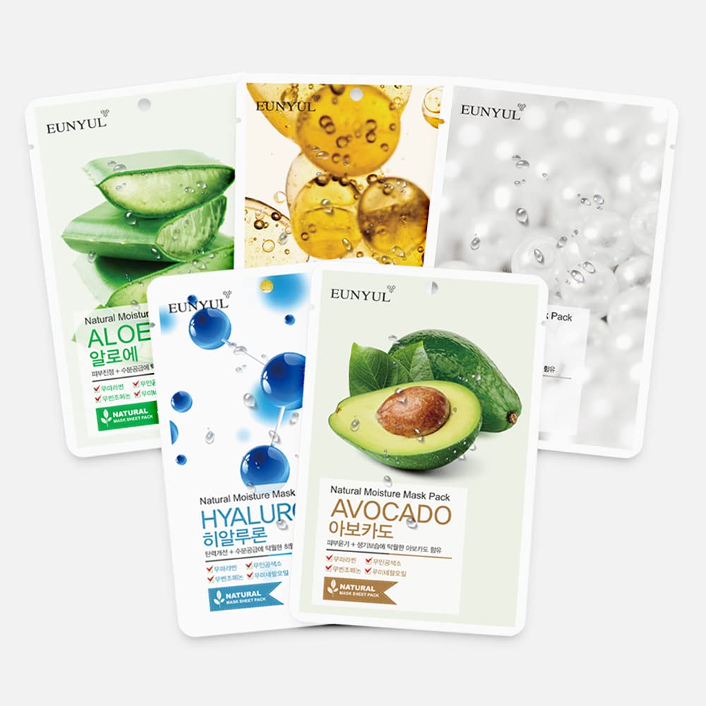 Natural Face Mask Sheet Set - 50 Pack of Korean Skincare Masks | Aloe, Collagen, Pearl, Hyaluron, Avocado