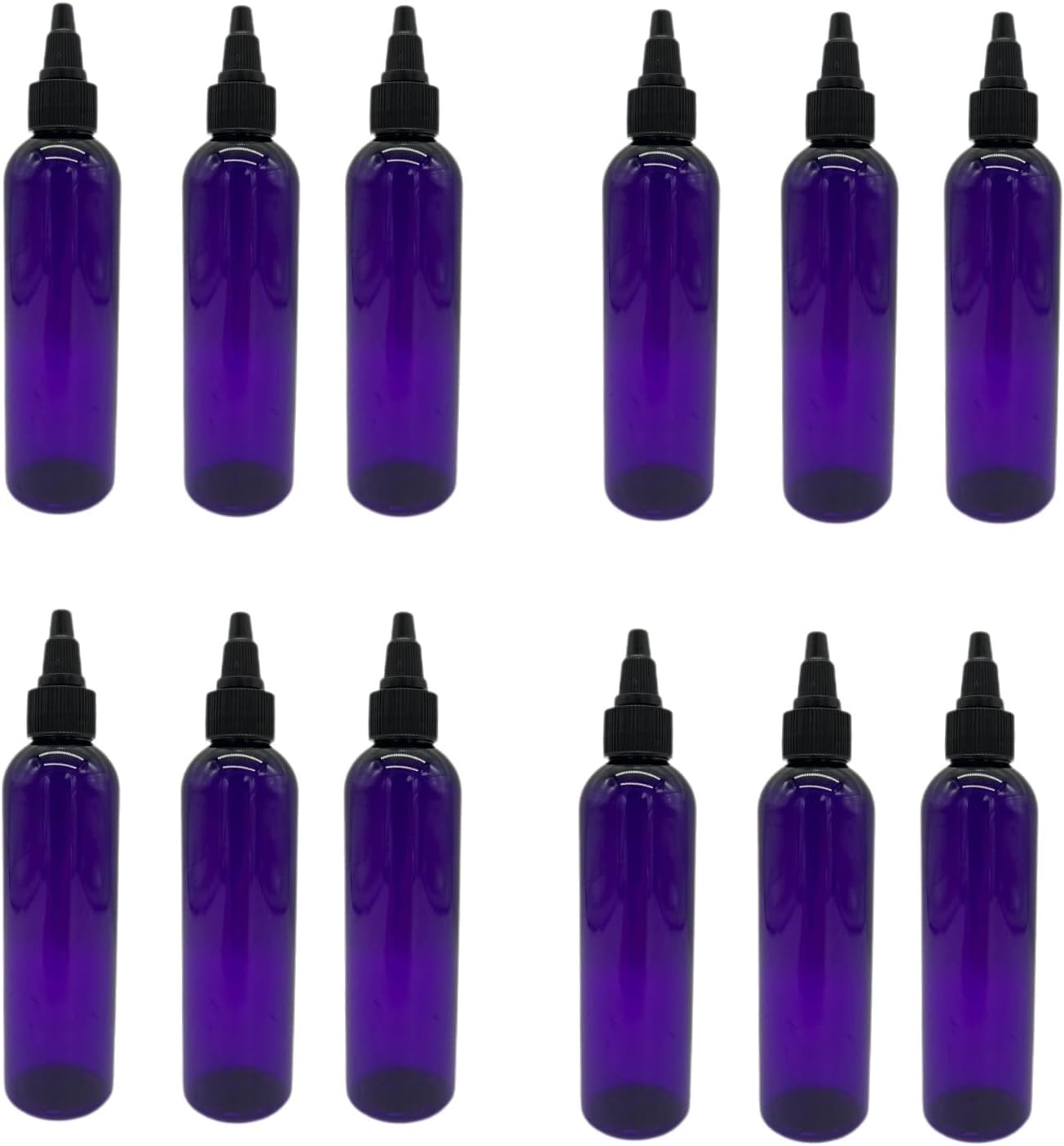 Purple Cosmo Plastic Bottles - 12 Pack BPA-Free Refillable Essential Oil Containers | Black Twist Top Cap - 4 oz Each