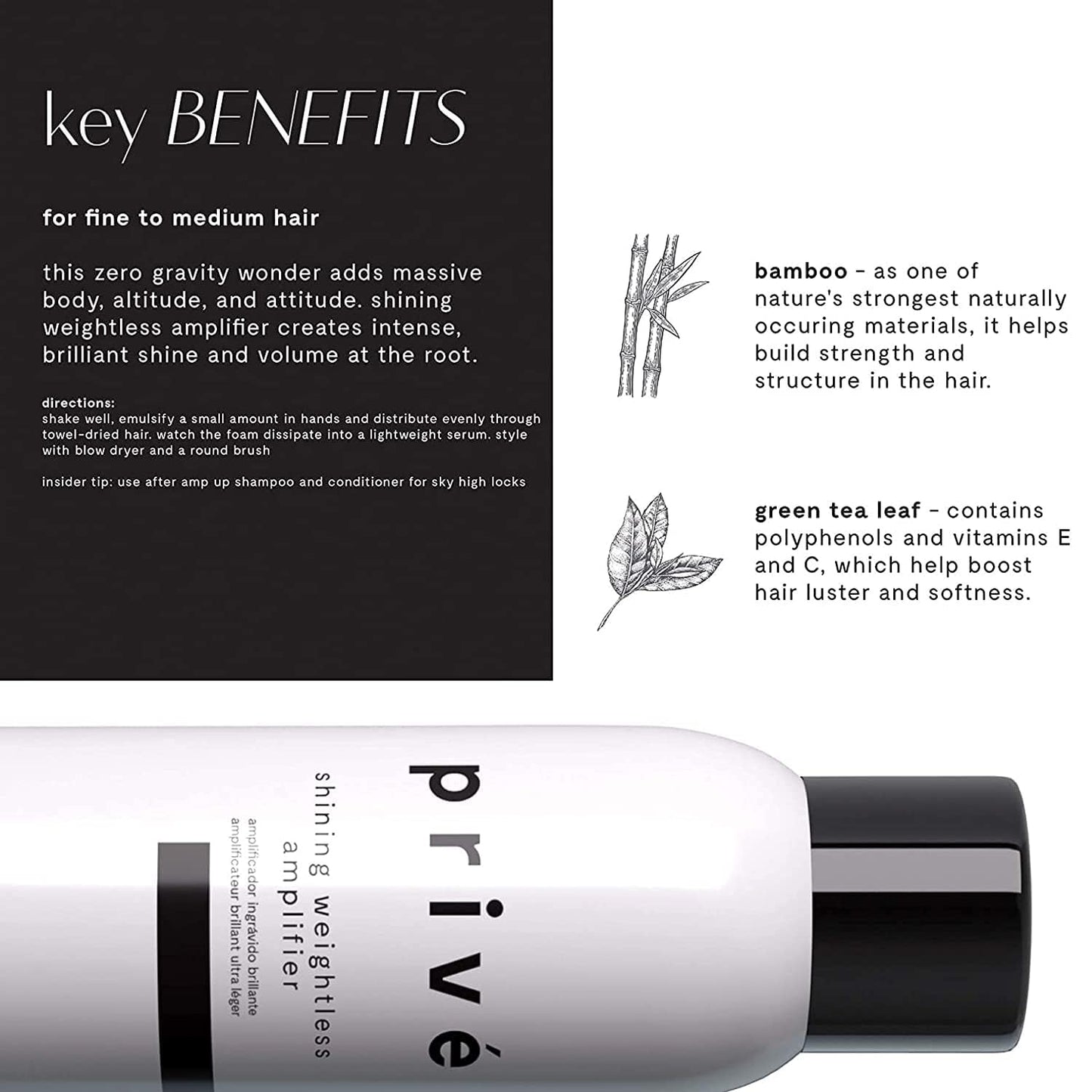 Privé Shining Weightless Amplifier Hair Mousse - Volumizing Mousse for Hair Volume with Bamboo & Green Tea for Root Lift, Shine & Strength - Helps Add Body to Dull, Flat Strands (6.85 oz)