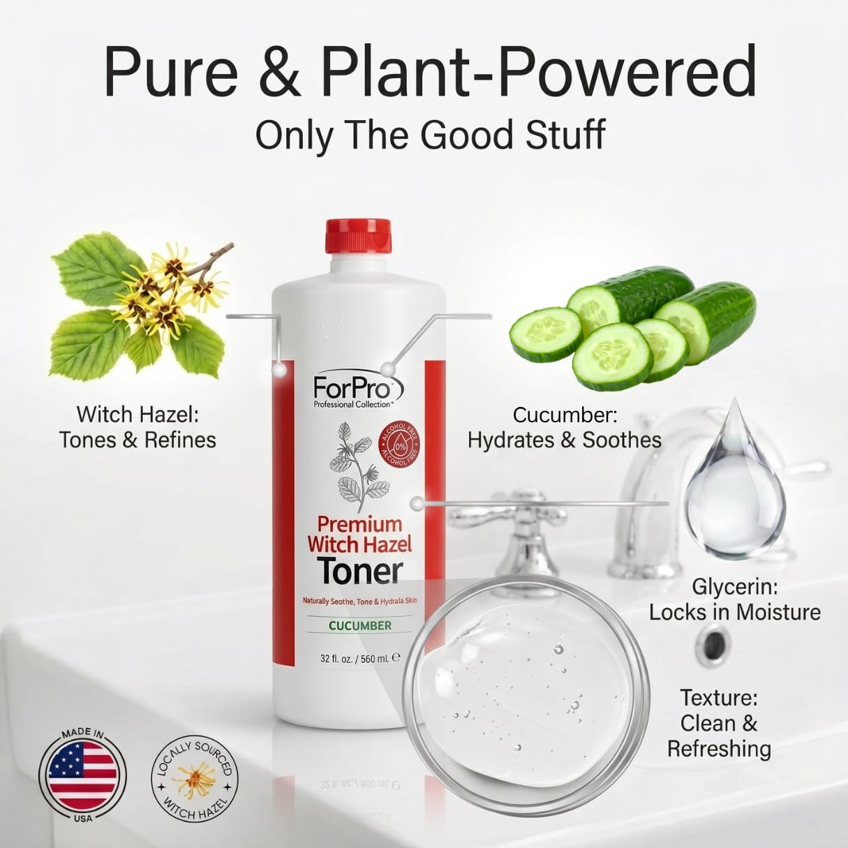 ForPro Witch Hazel Facial Toner, 32 Fl Oz – Cucumber Scent, Alcohol-Free with Aloe Vera & Glycerin, Pore Minimizing Hydrating Astringent for Sensitive Skin, Vegan & Cruelty-Free