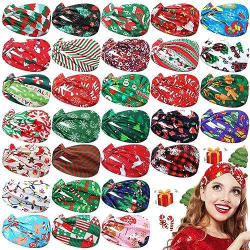 Giegxin 30 Pcs Christmas Headband for Women Dress up Costume Party Elastic Snowman Twist Headband Santa Claus Hairbands Xmas Head Wraps for Women Christmas Hair Accessories
