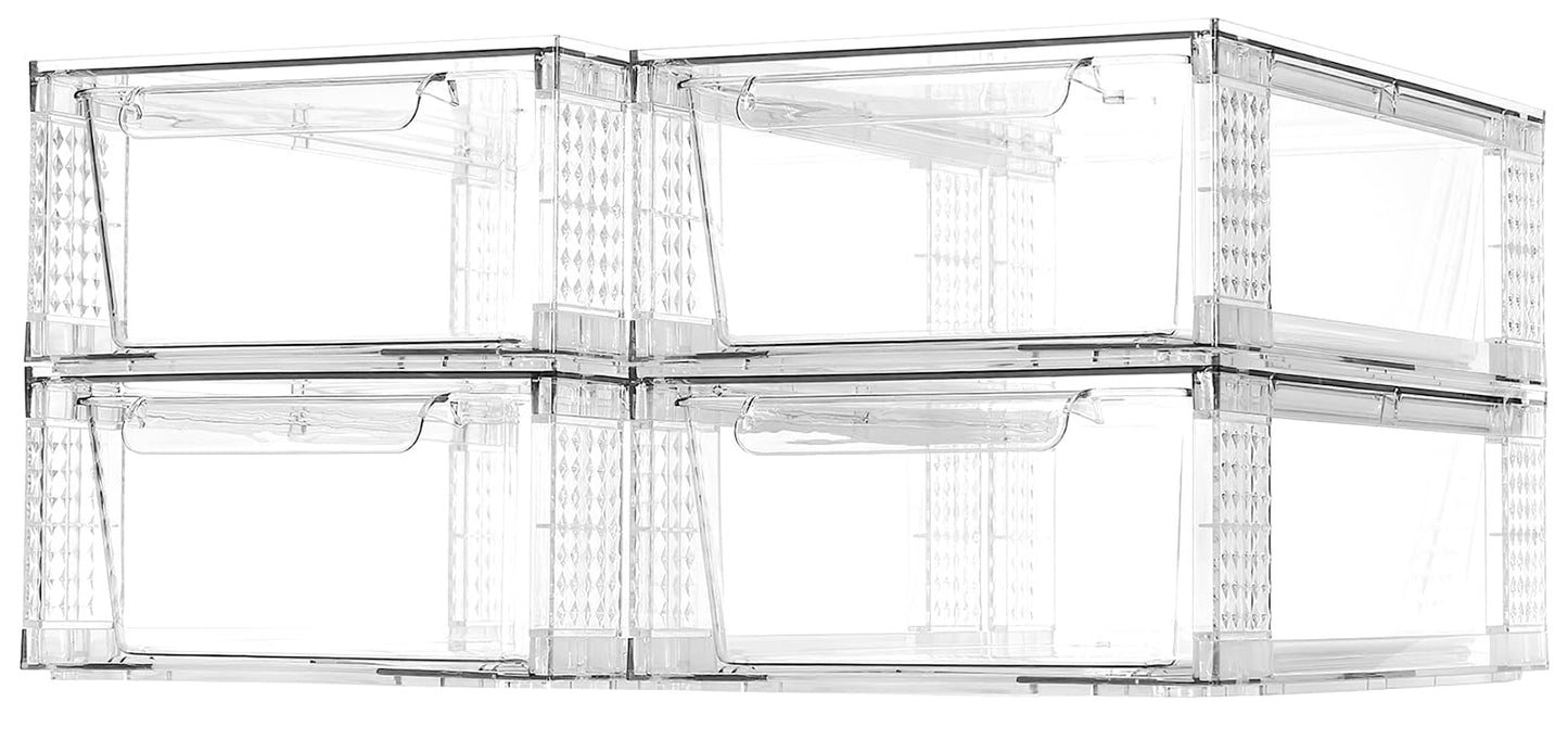 Zero Zoo 4 Pack Clear Stackable Storage Drawers, 3.95" H Easily Assemble Acrylic Organizer Bins - Multi-Use for Make up, Closet, Pantry, Bathroom, Medicine, Kitchen Cabinet & Undersink Organization