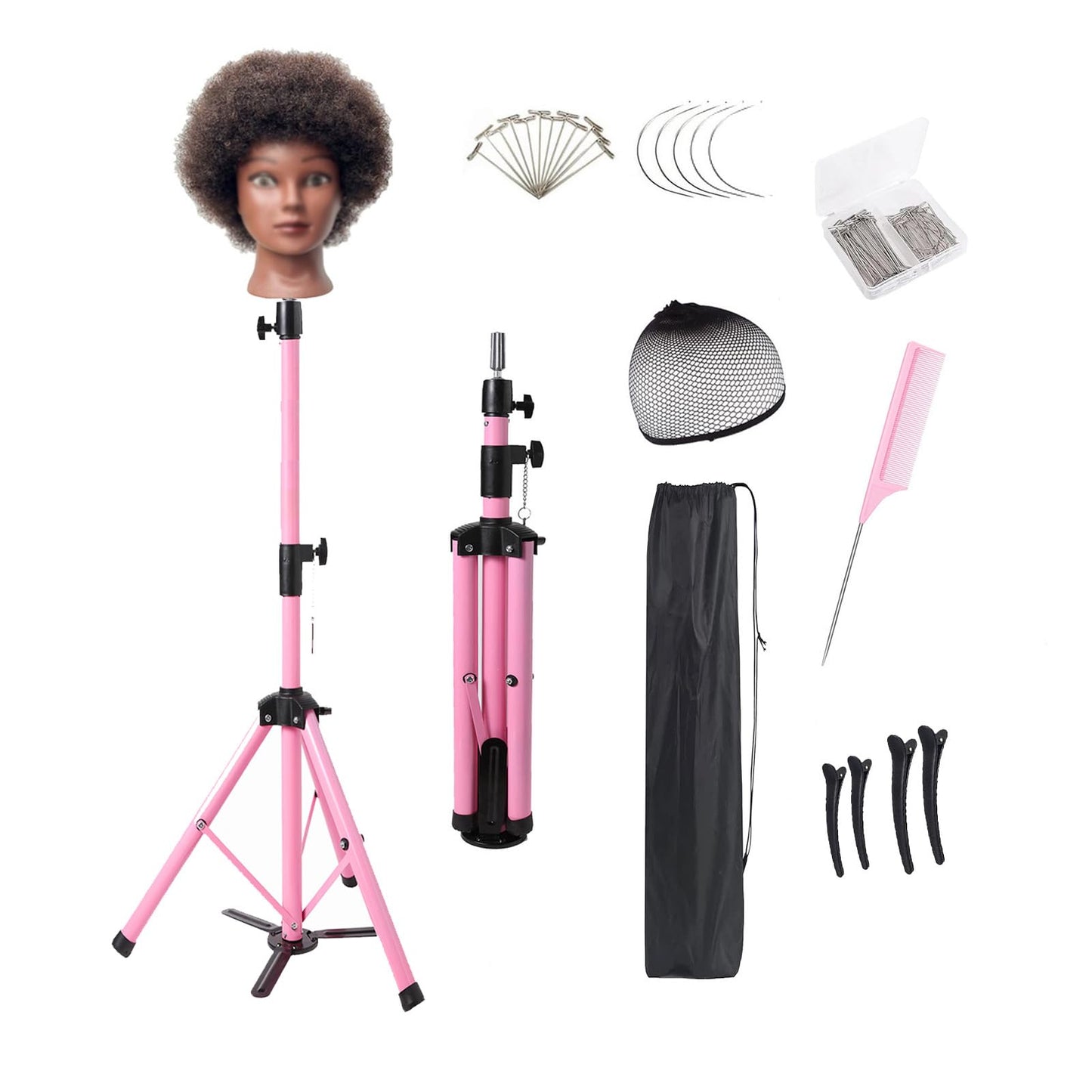 Heavy Duty Head Stand, Reinforced Mannequin Head Stand Tripod, Pink Wig Stand Tripod,Wig Stand for Styling, Adjustable Holder For Wig Making Display (55 inch with pedal)