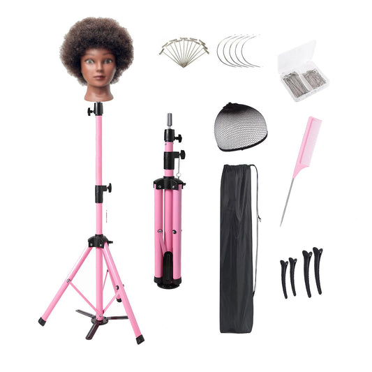 Heavy Duty Head Stand, Reinforced Mannequin Head Stand Tripod, Pink Wig Stand Tripod,Wig Stand for Styling, Adjustable Holder For Wig Making Display (55 inch with pedal)