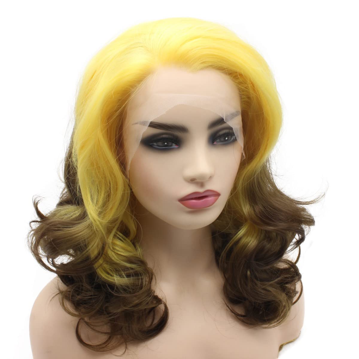 Peakia Shoulder Length Wavy Yellow Brown Ombre Half Hand Tied Lace Front Wig Synthetic