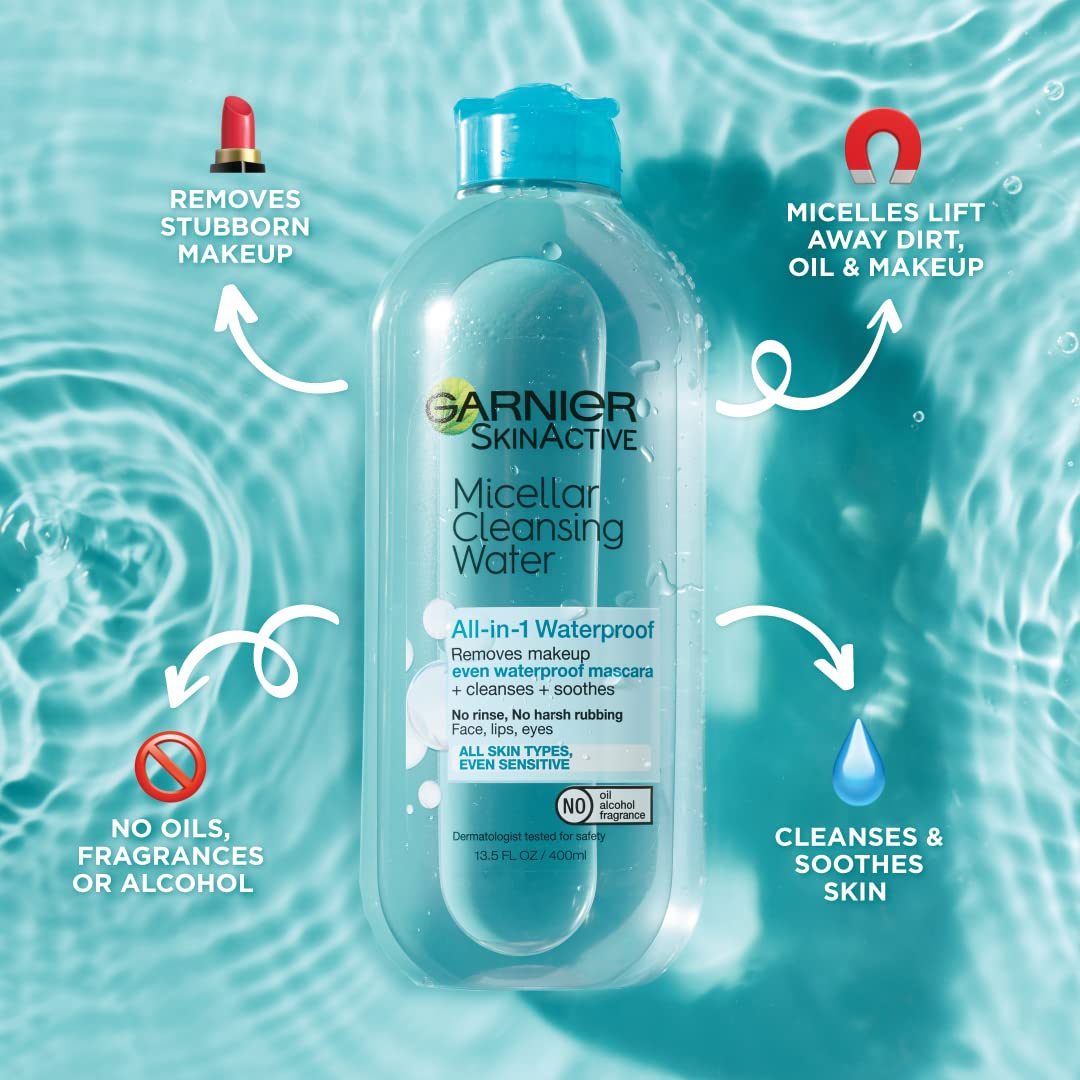 Garnier SkinActive Micellar Cleansing Water All-in-1 Cleanser & Waterproof Makeup Remover, 13.5 floz, 2 pack + EcoPads (Packaging May Vary)