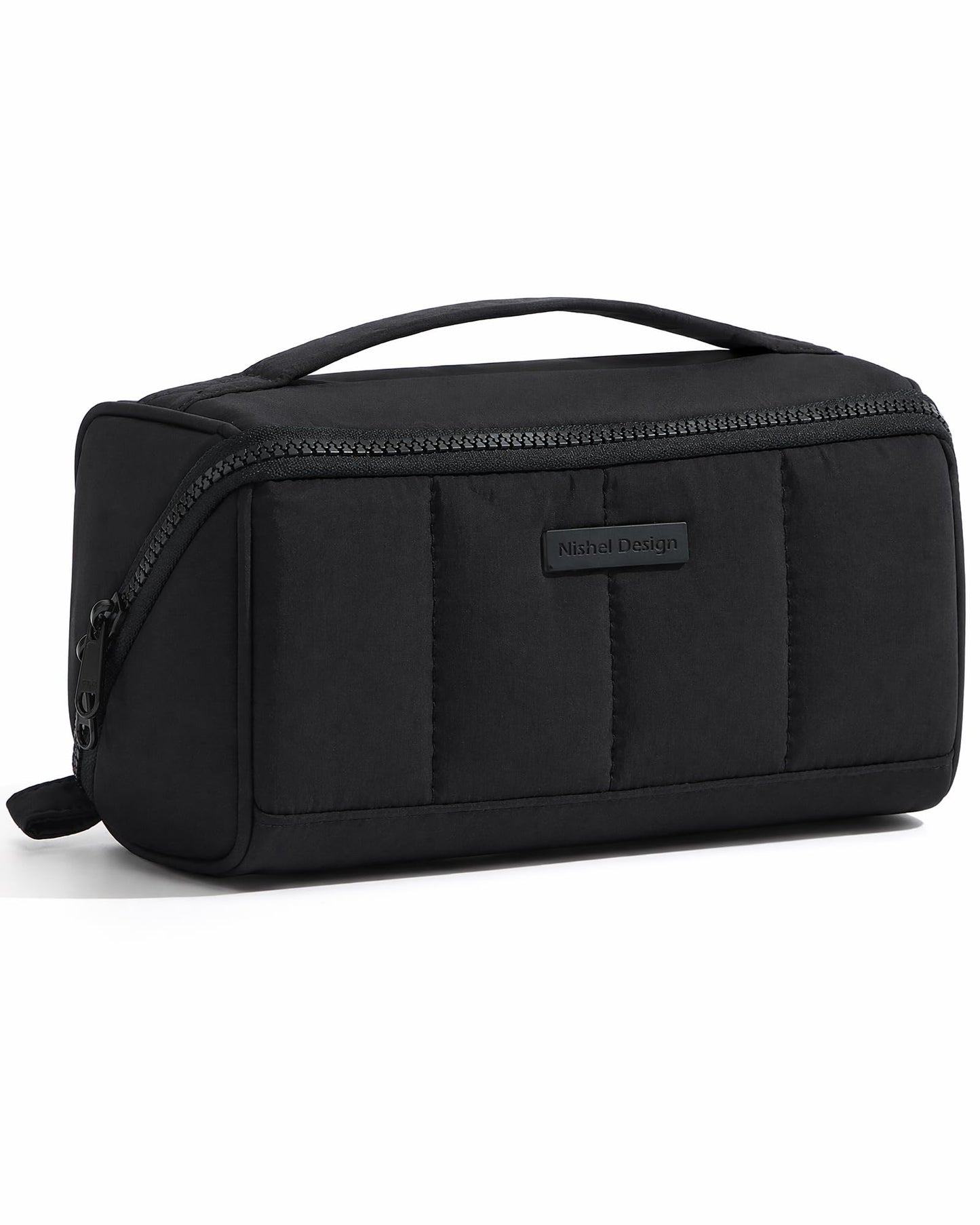 NISHEL Travel Makeup Bag for Women, Fluffy & Lightweight Open Flat Cosmetic Organizer with Multiple Functional Divider for Brush Independent Storage, Handle for Easy Portability, Black